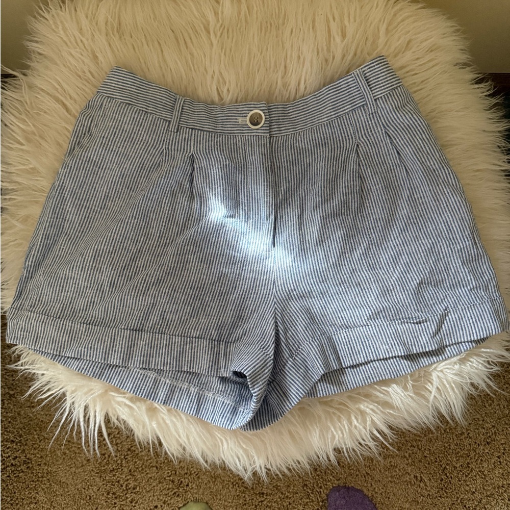 Nicole Miller Navy and White Striped High-Waist Shorts